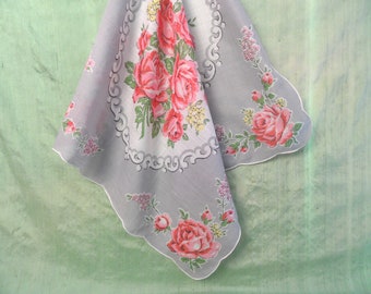Lenço floral cinza / lenço vintage com estampa de rosas, tamanho grande