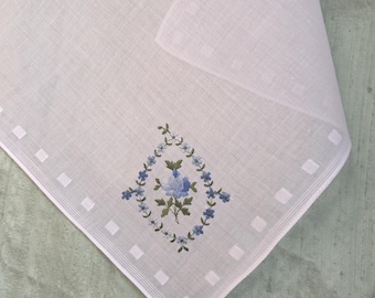 Floral embroidered handkerchief / vintage unused, Desco hankie / blue, green