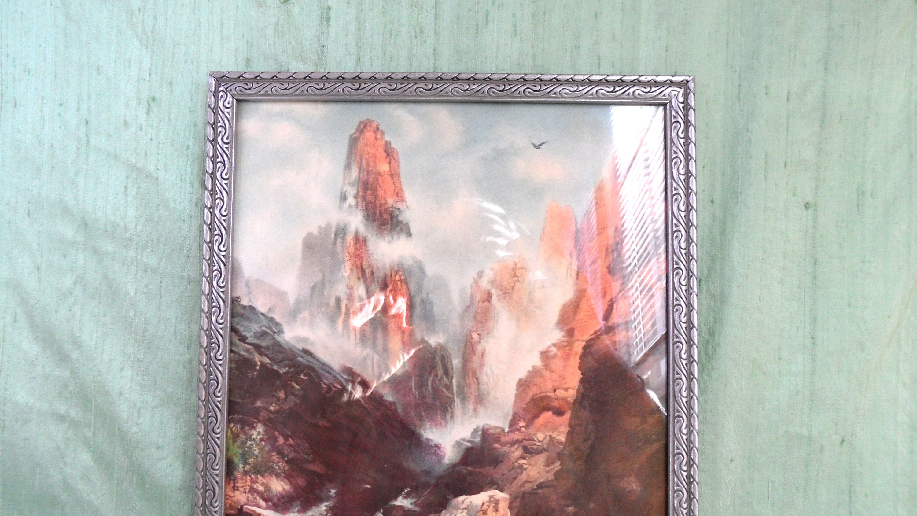 Landscape Picture in Silver Tone Frame / Vintage Carved Wood