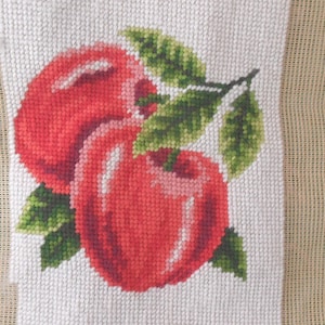 Needlework panel / vintage beige w apple design / tapestry needlepoint, fruit