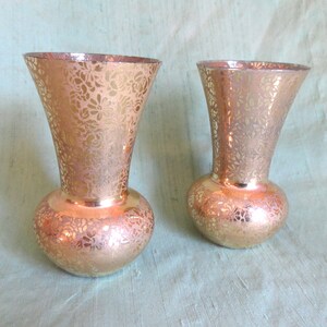 2 small glass vases / vintage, gold patterned vase pair