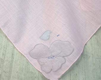 Pink and blue floral applique hankie / 3D handkerchief