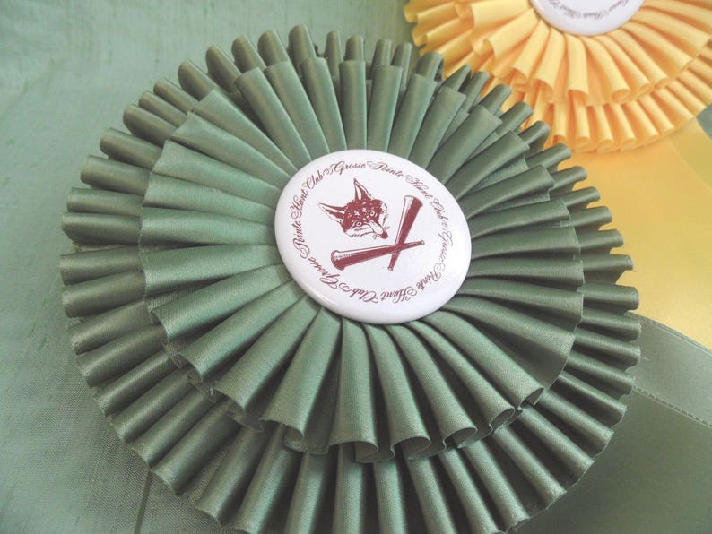 collage Four large horse prize ribbons 6 inch double rosette yellow white green assemblage collar dressage