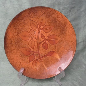 Mid Century Modern copper enamel dish / vintage Austria orange leaf bowl 8" / Austrian enamel plate bowl