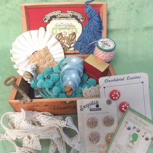 Inspiration kit in wood cigar box / vintage objects for mixed media, collage / destash junk journal drawer supply kit
