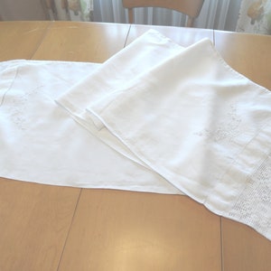 Extra long linen dresser scarf or bolster cover tube / 88&quot;, vintage, white, crocheted and embroidered table runner