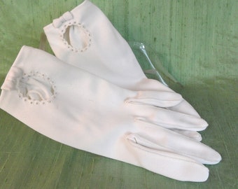 Wrist length white gloves / vintage Miss Aris nylon women's gloves