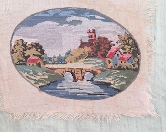 Petit point needlework panel / vintage bridge scene tapestry