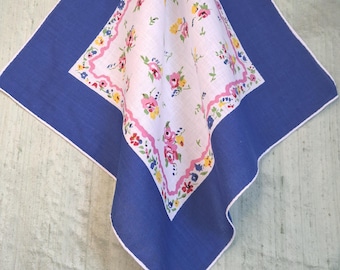Blue and pink floral handkerchief / vintage hankie
