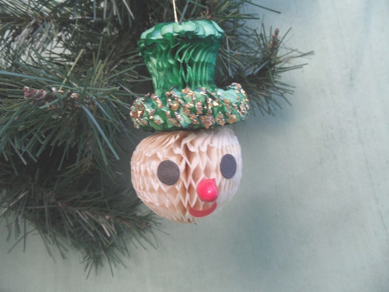 Honeycomb snowman head ornament vintage paper Christmas holiday top hat