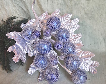 Large vintage mesh covered glass ball Christmas spray / silver and blue foil ornament centerpiece decor, Japan, net glass balls