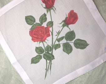 Red rose handkerchief / vintage sheer, unused, Fisba Stoffels hankie