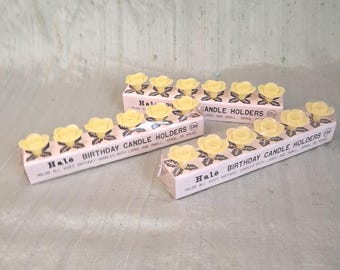 18 yellow flower birthday cake candle holders / vintage HALO set