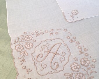 Monogram A handkerchief / tan on white embroidered hankie / letter A, initial A