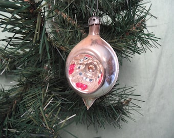 Poland indent silver and red teardrop glass ornament / vintage Christmas tree reflector