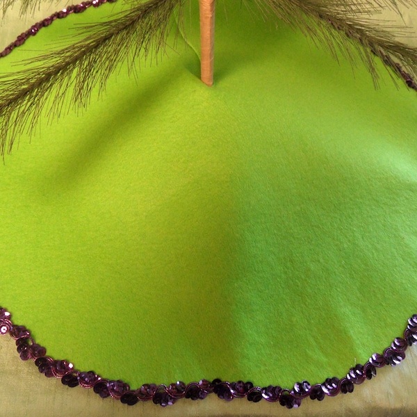 Halloween table top small tree skirt in lime green and purple, 16" / table top tree skirt or centerpiece mat, Halloween tree, sequin