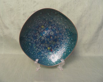 Modern enamel bowl / Western Germany Mid Century Modern  / vintage abstract blue and green copper enamel bowl   6.25"