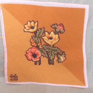 Needlework panel / vintage completed gold floral tapestry / smaller chair seat cover, pillow face, foot stool / needlepoint pillow