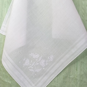 Embroidered floral handkerchief / vintage hankie, white on white