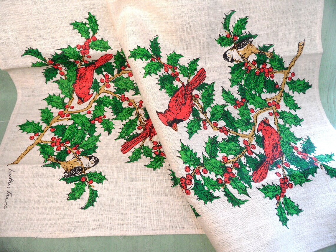Holly y Cardinal toalla de cocina de lino / vintage Fallani y | Etsy