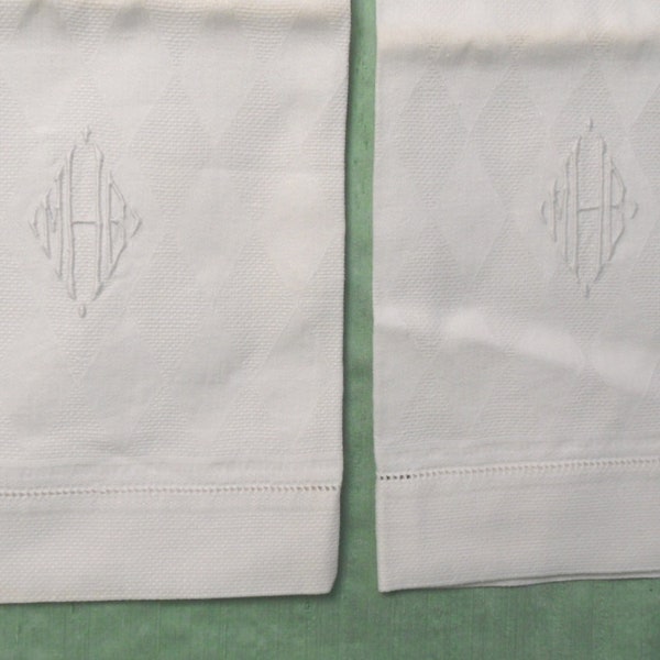 2 monogram huck hand towels / vintage diamond pattern large guest towels / hemstitched, washstand size  Monogram H