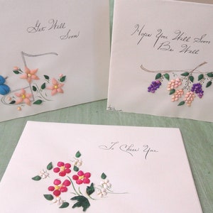 Conjunto de tarjetas de felicitación de concha de mar / flor de concha real hecha a mano vintage Get Well tarjetas de notas, lote de 3