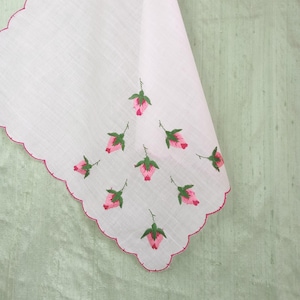 Embroidered rosebud handkerchief / vintage rose pink and red hankie, Swiss, unused