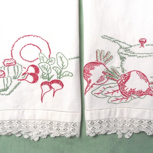 Embroidered vegetable kitchen dish towel pair / vintage crocheted ends, waffle weave huck washstand cotton towel set