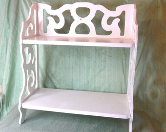 Standing white shelf / vintage white painted wood / two tier cut out shelf