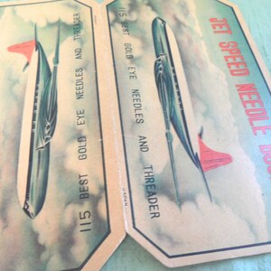 May include: Vintage Jet Speed Needle Book with a retro illustration of a jet plane on the cover. The book contains 115 best gold eye needles and a threader. Made in Japan.