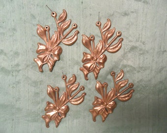 4 brass bow and leaf clock case decoration embellishments, vintage brass stamping, salvage
