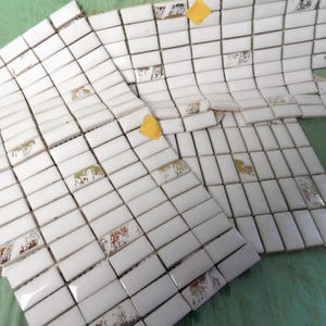 Mosaic tile sheets / vintage 1950 tile lot / mid century rectangular white and gold small tiles