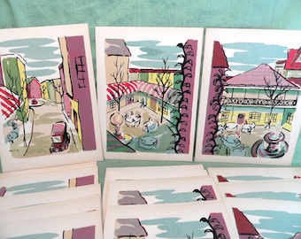 30 colorful prints, 3 images / vintage WYLIE street, cafe, piazza scene pictures / print lot destash