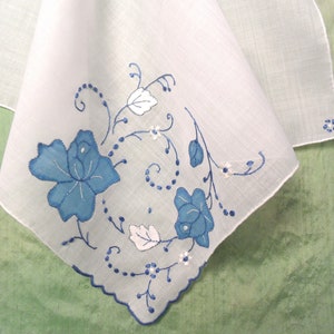 Floral applique hankie / large vintage four corner handkerchief