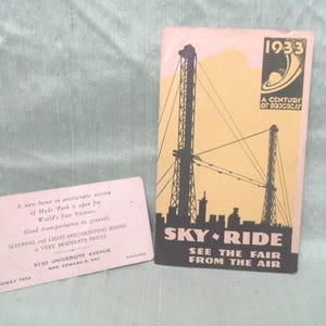 Cartão de visita de pousada e panfleto Sky Ride da Feira Mundial de 1933 em Chicago / lembrança vintage efêmera do Século do Progresso