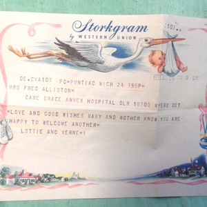 Storkgram Western Union telegram / vintage 1951 baby congratulations, new baby