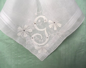 Monogram G rhinestone applique handkerchief / vintage wedding white on white embroidered hankie / letter G, initial G
