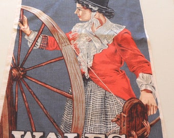 WALES souvenir linen dish towel / vintage decorative kitchen tea towel; Wool Spinner large towel