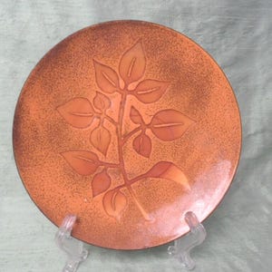 Mid Century Modern copper enamel dish / vintage Austria orange leaf bowl 8" / Austrian enamel plate bowl