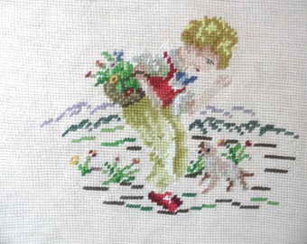 Needlepoint panel / vintage child and dog tapestry needlework