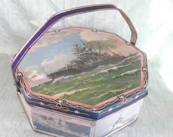 Military naval ship tin / vintage shabby octagonal biscuit tin, USS Idaho, USS Raleigh, as is