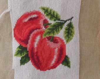 Needlework panel / vintage beige w apple design / tapestry needlepoint, fruit