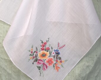 Embroidered petit point floral bouquet handkerchief / vintage needlepoint hankie