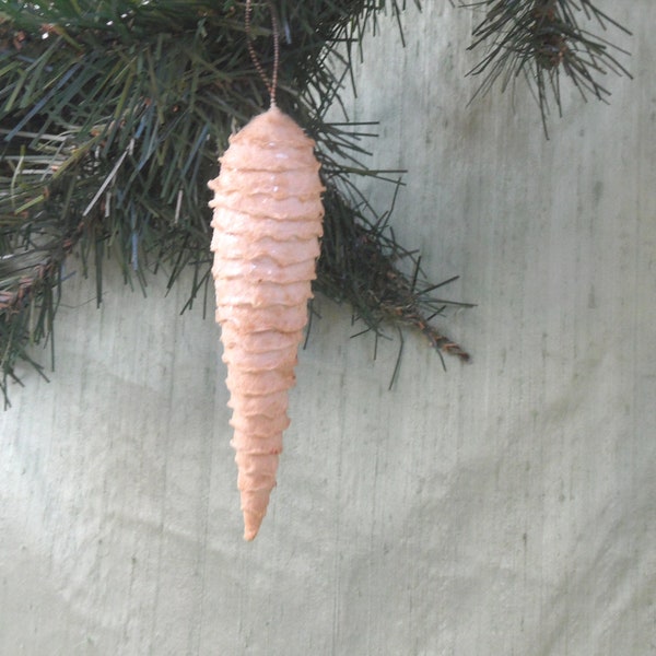 Spun cotton and mica icicle tree ornament / antique vintage ribbed Christmas ornament, 4.25"
