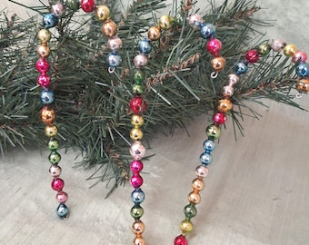 3 tall 'mercury' glass bead candy canes / 6" colorful vintage antique garland ornament