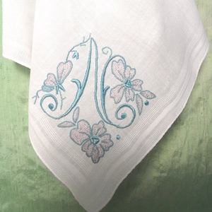 Monogram N embroidered handkerchief / vintage, blue and grey hankie / initial N, letter N