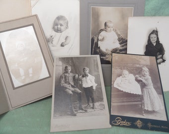 6 children photographs / antique vintage cabinet cards, photo lot destash, toddler, infant