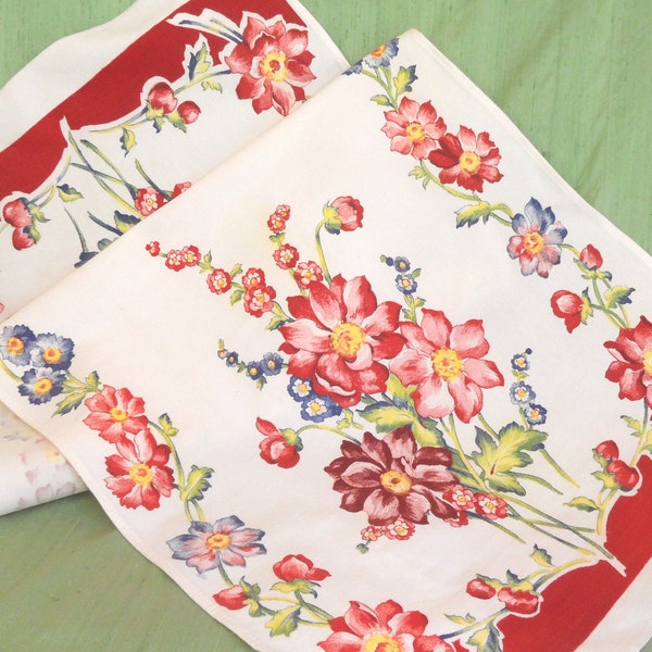 Large printed floral towel / vintage red and blue cotton / retro kitchen dish towel; washstand