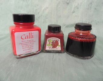 3 vintage ink bottles / used, England Winsor & Newton, Steig Calli, Parker Quink, calligraphy ink