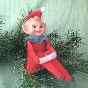 Elf or pixie knee hugger in red flannel / vintage / Holiday Pixie Shelf Ornament